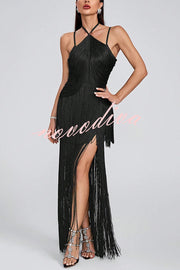 Sexy Halterneck Open Back Elegant Tassel Slim Maxi Dress
