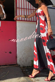 Floral Print Suspenders Paneled Back Pleated Maxi Dress