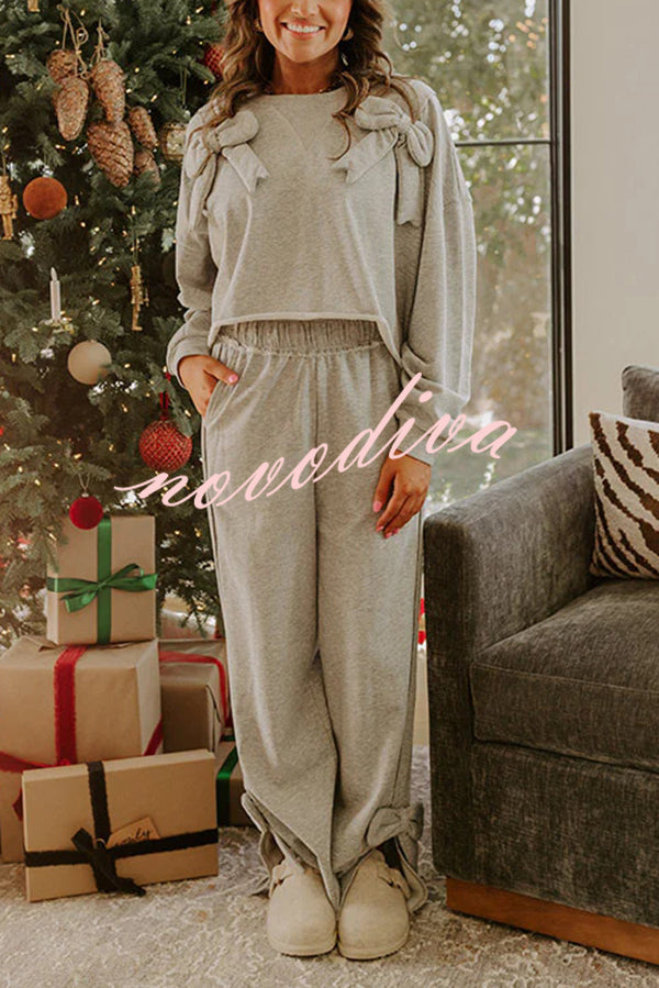 Dear Daydream Loose Bow Tie Long-Sleeved Sweatshirt and Elastic Waist Pocket Pants Set