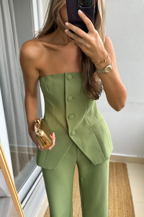 Extra Dose of Confidence Off Shoulder Button Top and Straight Pants Set