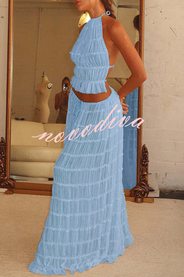 Versatility and Vintage Charm Pleated Drawstring Waist Tiered Maxi Skirt