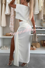 Comfortable Stylish Round Neck Sleeveless Casual Top and Elastic Waist Ruched Tie Slit Midi Skirt Set