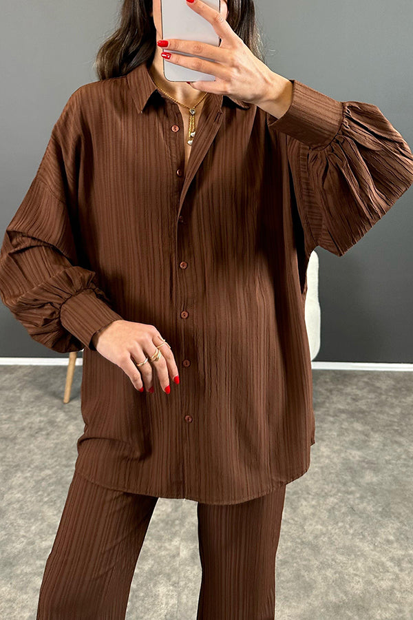 Solid Color Long-sleeved Loose Tie Shirt and Casual Straight Pants Set