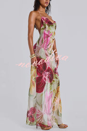 Floral Print Sexy Backless Slit See-Through Holiday Maxi Dress