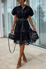 Absolutely Elegant Floral Crochet Lace Puff Sleeve Belted Shirt Midi Dress