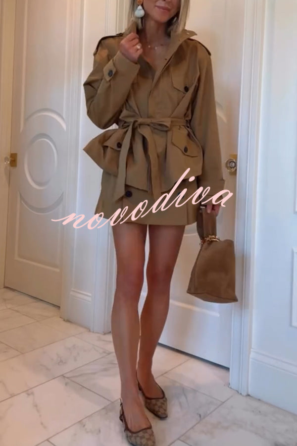 Chic Comfort Epaulettes Contrast Buttons Pocket Belt Cropped Trench Coat