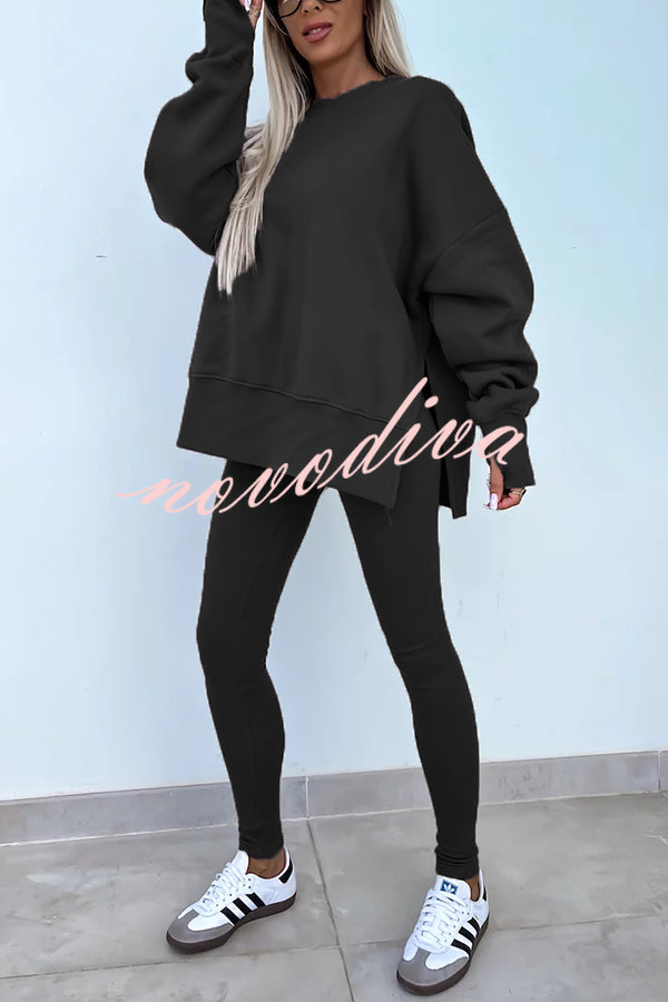 Solid Color Loose Long Sleeve SlitSweatshirt and Elastic Waist Tight Pants Set