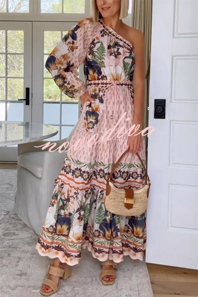 Dream Garden Unique Print One Shoulder Elastic Waist Pocket Maxi Dress