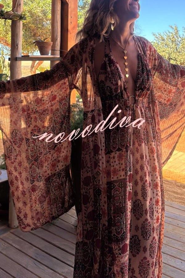 Boho Unique Printed Long Sleeve Vacation Maxi Cover Up