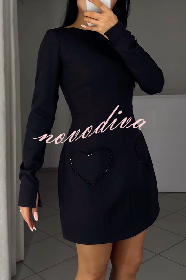Anna Sparkling Gemstone Trim Heart Pocket Long Sleeve Mini Dress