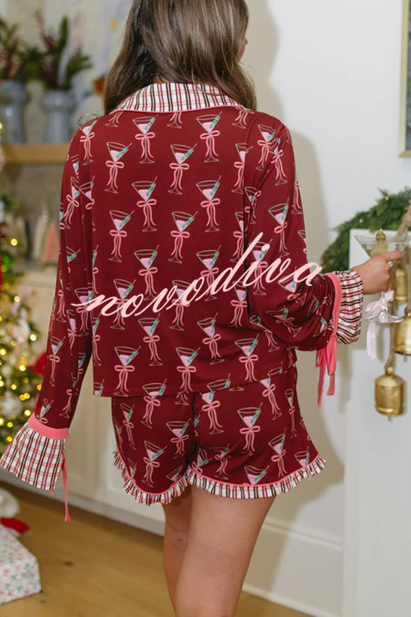 Tini Time Unique Print Tie-up Sleeve Pocket Shirt and Elastic Waist Shorts Pajama Set