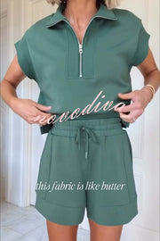 Buttery Touch Half-Zip Short Sleeve Sweatshirt and Elastic Waist Pocket Casual Shorts Set