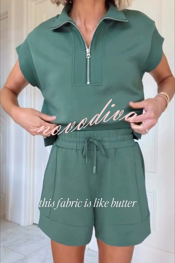Buttery Touch Half-Zip Short Sleeve Sweatshirt and Elastic Waist Pocket Casual Shorts Set