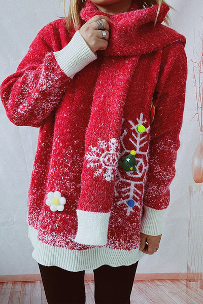 Christmas Pattern Knitted Round Tie Scarf Long Sleeve Sweater