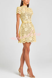 Champagne Toast Flower Lace Short Sleeve Bow Belted Mini Dress