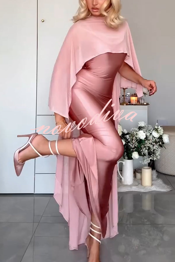 Party Charm Satin Sheer Chiffon High Low Cape Slip Maxi Dress