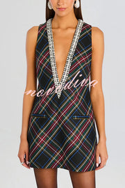 Elegant Demeanor Satin Gemstone Trim Deep V-Neck Tank H-line Mini Dress