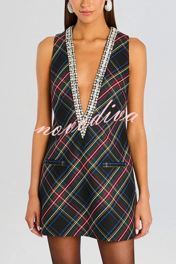 Elegant Demeanor Satin Gemstone Trim Deep V-Neck Tank H-line Mini Dress