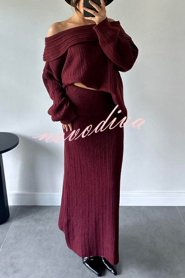 Luka Ribbed Knit Off Shoulder Long Sleeve Sweater and Stretch Maxi Skirt Set