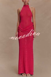 Quiet Confidence Knit Ruched Hip Halter Backless Stretch Maxi Dress