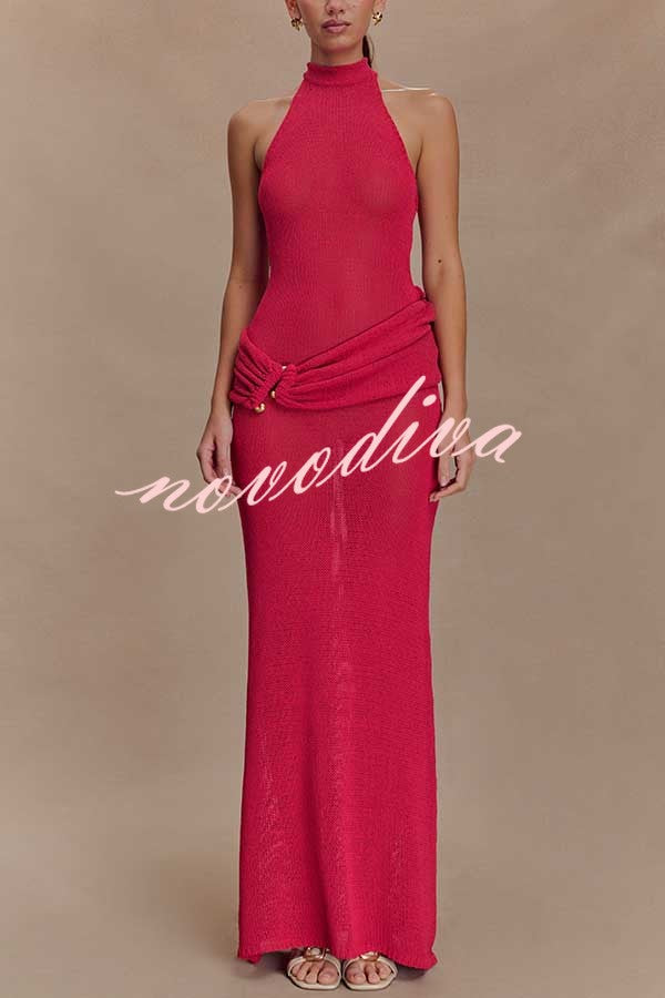 Quiet Confidence Knit Ruched Hip Halter Backless Stretch Maxi Dress