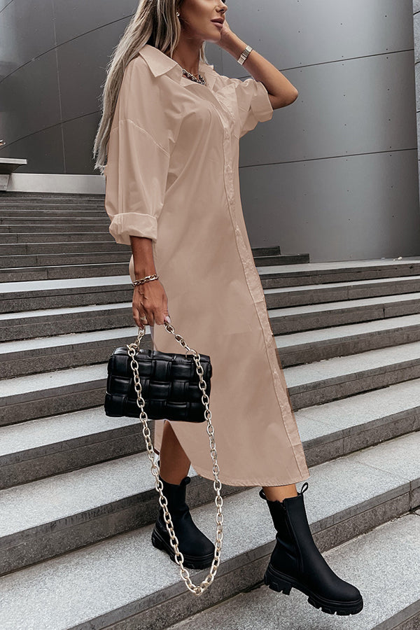 Solid Color Casual Long-sleeved Shirt-style Loose Mid-length Dress