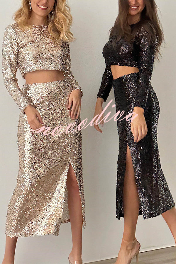 Solid Sequined Long-sleeved Crop Top and Sexy Slit Midi Skirt Set