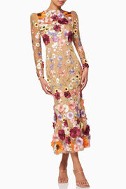 Dignified and Refined Charm Embroidered Floral Applique Long Sleeve Fish Tail Midi Dress