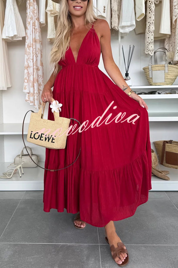 Bohemian Style V-neck Backless Slip Layered Vacation Maxi Dress
