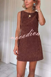 Atlas Faux Suede Open Back Button Accents Zipper Mini Dress