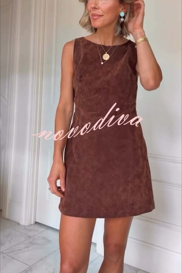 Atlas Faux Suede Open Back Button Accents Zipper Mini Dress