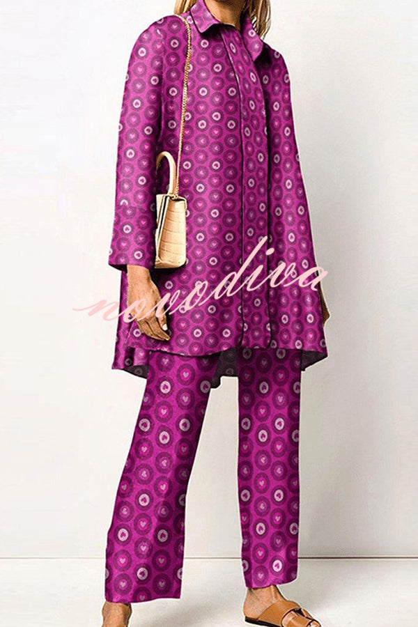 Geometric Print Lapel Long Sleeved Top and Pants Two Piece Set