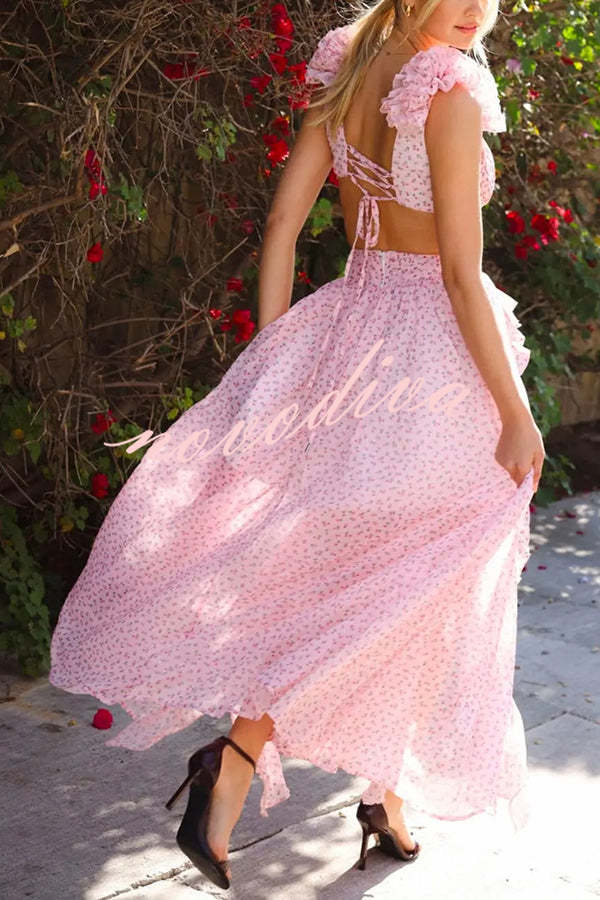 Wedding Dreams Chiffon Printed Flutter Sleeve Cutout Back Lace-up Maxi Dress