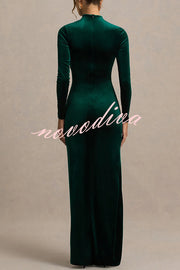 Wishes Velvet High Neck Long Sleeve Ruched Waist Wrap Slit Stretch Maxi Dress