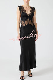 Wonderful Fusion Satin Lace Trim See-through Waist V-neck Drape Maxi Dress
