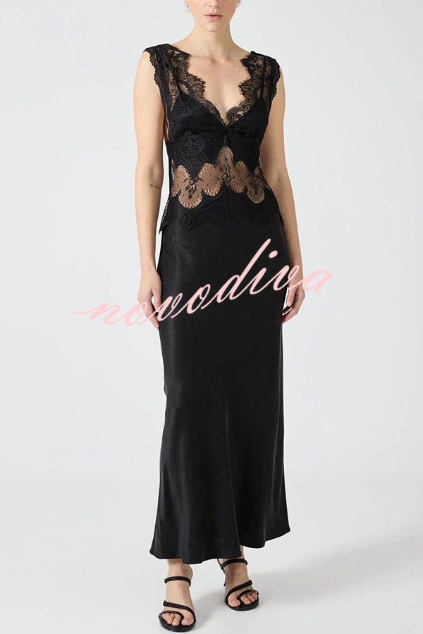 Wonderful Fusion Satin Lace Trim See-through Waist V-neck Drape Maxi Dress