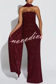 Pandra Glittery Crepe Fabric Off Shoulder Ruched Slit Cape Maxi Dress