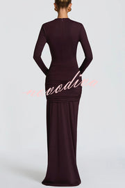 Sexy Cutout Fitted Long-sleeved Pleated Satin Ribbon Maxi Dresses