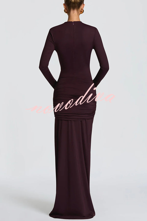 Sexy Cutout Fitted Long-sleeved Pleated Satin Ribbon Maxi Dresses