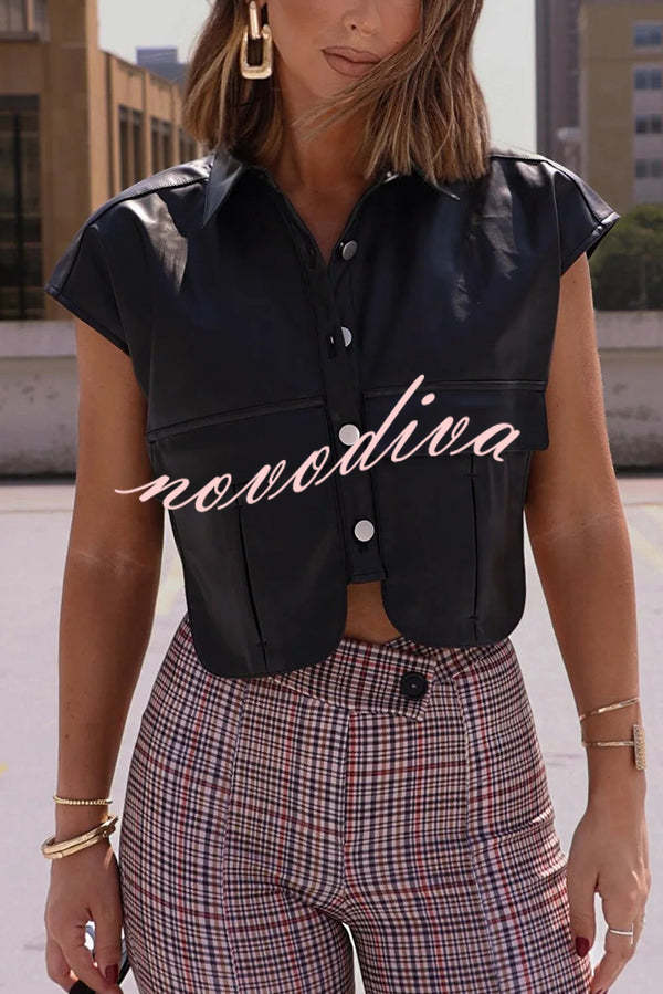 Fashion Faux Leather Pocket Sleeveless Cropped Jacket