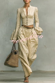 Linen-blend Long-sleeved Button-down Top and Relaxed-pocket Wide-leg Pants Set