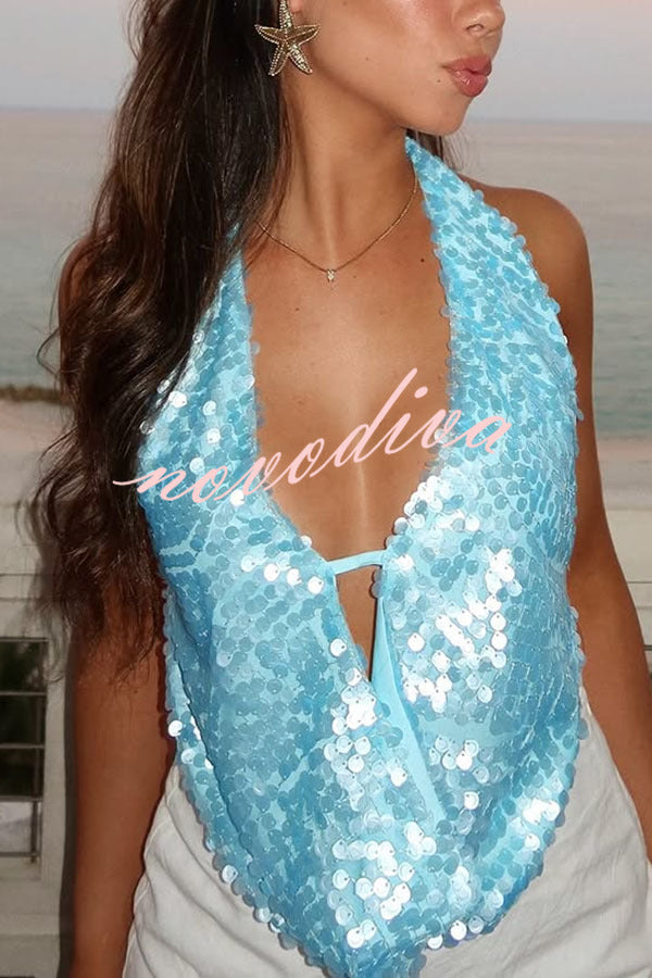 Mermaid Princess Sequins Cowl Neck Halter Backless Top