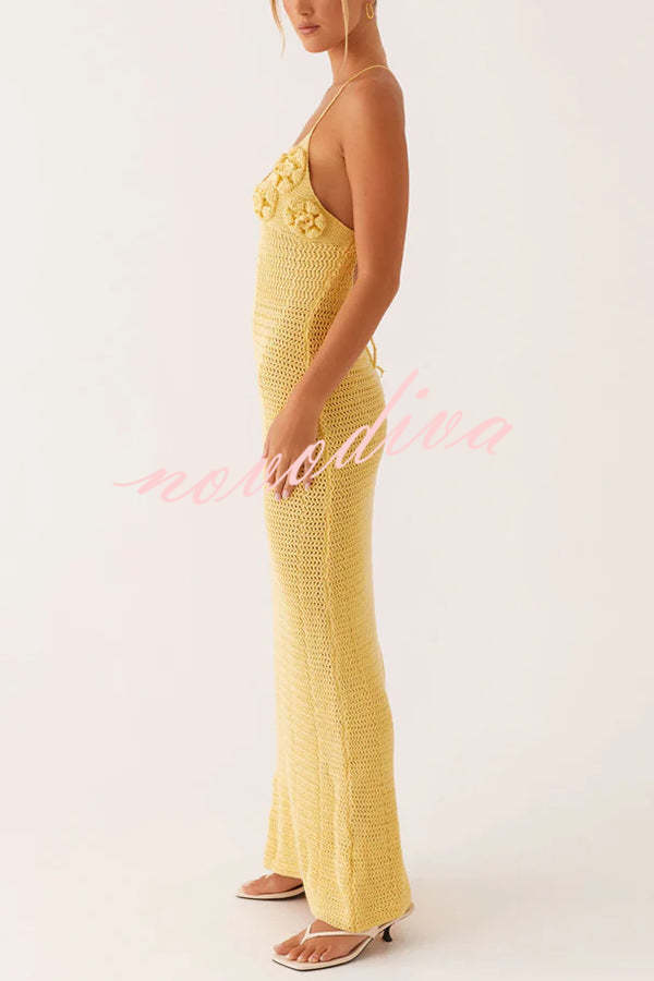 Olivia Crochet Knit Rose Texture Backless Stretch Maxi Dress