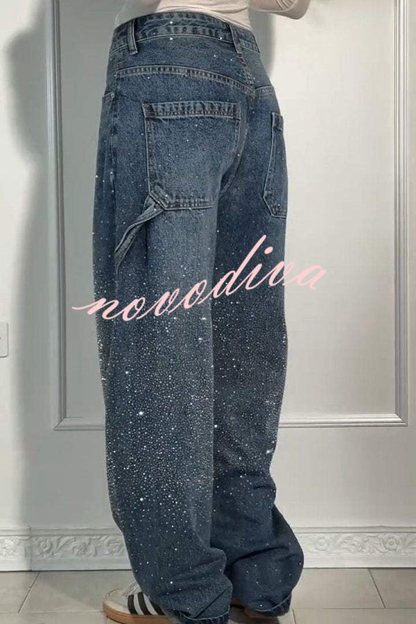 Fashionable Rhinestone Mid-rise Loose Pocket Straight Jeans