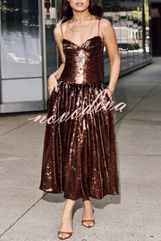 Enchanted Night Sequin Low-cut Corset Balloon Hem Slip Midi Dress