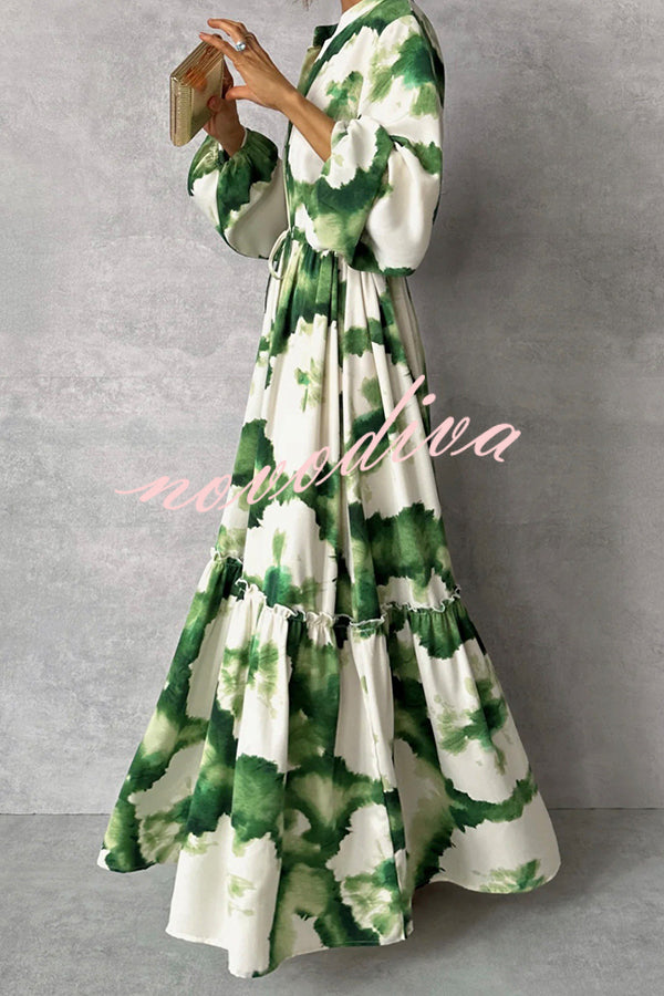 Unique Printed V-neck Long Sleeve Waist Tie-down Maxi Dress