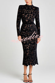 Diane Velvet Embroidered Floral Lace Long Sleeve Belt Scallop Edge Midi Dress