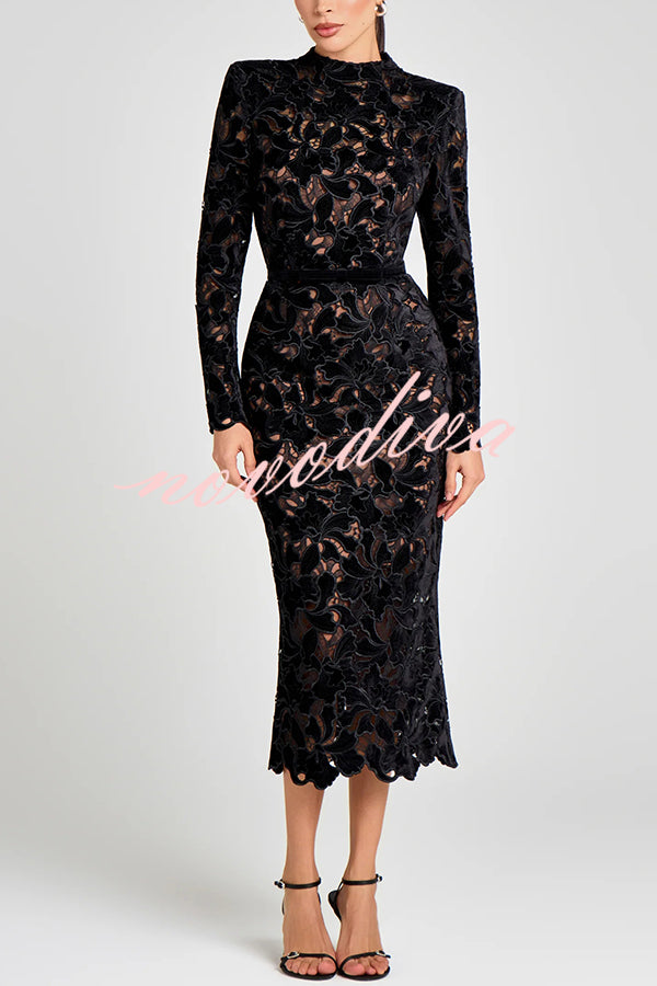 Diane Velvet Embroidered Floral Lace Long Sleeve Belt Scallop Edge Midi Dress