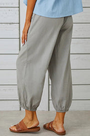 Tatum Linen Blend Elastic Waist Pocketed Button Hem Pants