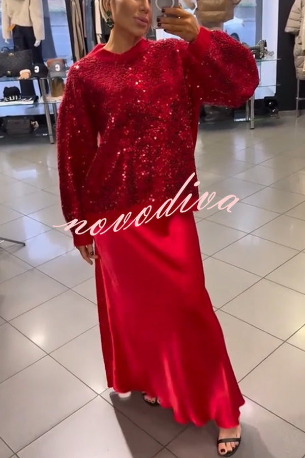 Celebration Day Sequin Patchwork Loose Sweatshirt and Satin Elastic Waist Maxi Skirt Set